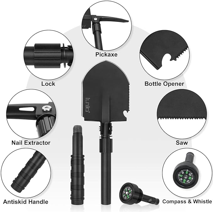 iunio Camping Shovel,Shovel Folding, Portable, Multitool, Foldable Entrenching Tool, Collapsible Spade, for Backpacking, Trenching, Hiking, Survival, Car Emergency