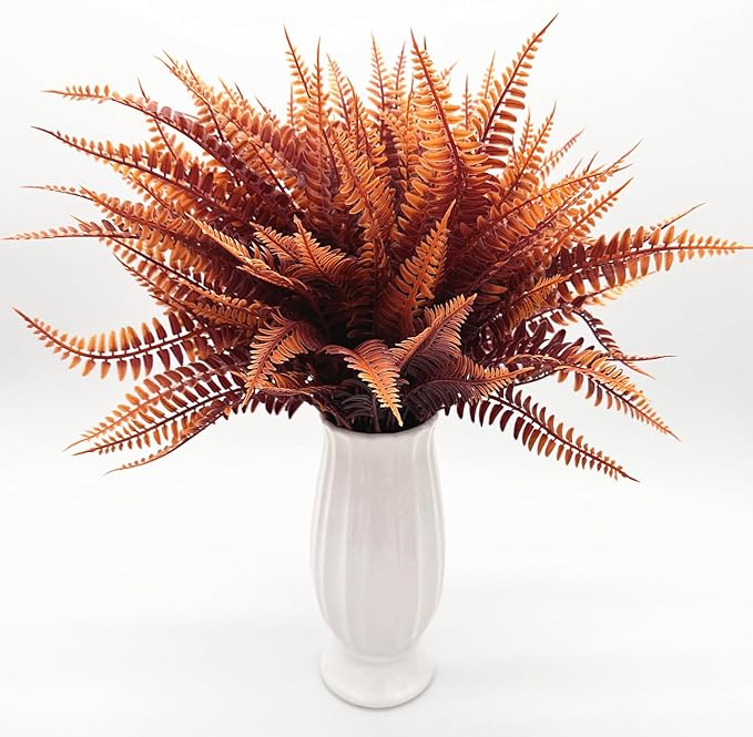 CATTREE Artificial Fern Shrubs, Plastic Plants Boston Ferns Grass Fake Bushes Greenery Leaves Wedding Indoor Outdoor Home Garden Verandah Office Table Centerpieces Arrangements Decoration Red 6 Pack