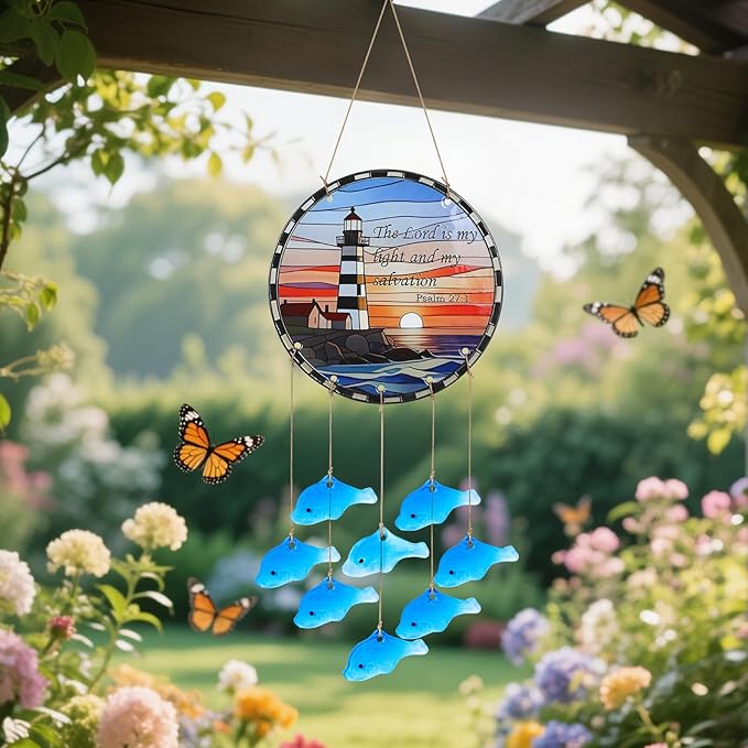 Sea Glass Fish Wind Chimes for Outside, Lighthouse Glass Windchimes Outdoors, Windchimes Outdoors Unique Suncatcher, Patio Beach Outdoor Home Garden Decor, Memorial Garden Christmas Decoration Gifts