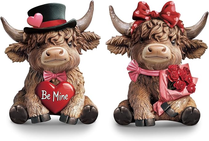 Karenhi 2 Pcs Valentine's Day Highland Cow Figurines Love Heart Rose Highland Cow Gnomes Scottish Resin Statue Calf Lovers Romantic Gifts for Valentines Home Kitchen Office Tiered Tray Table Decor