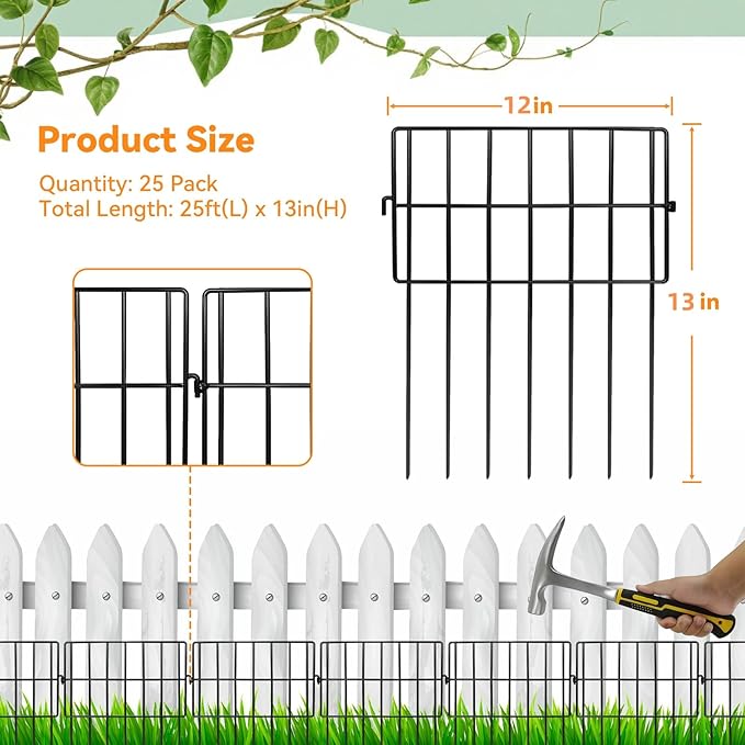 25 Pack Animal Barrier Fence No Dig Garden Defense, 25ft(L) x 13in(H) Rabbit Proof Garden Fencing with 1.2in Gaps, Metal Rabbit Fence, Dog Blocker Under Barriers for Flower Beds & Patio
