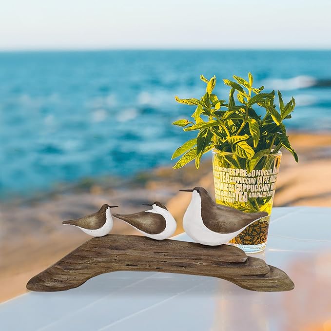 Wooden Sea Bird Statue Seagull On Stand Decor Nautical Coastal Birds Sculpture Indoor Outdoor Animal Figurine Beach Themed Decoration Rustic Home Art for Bedroom Garden (F)