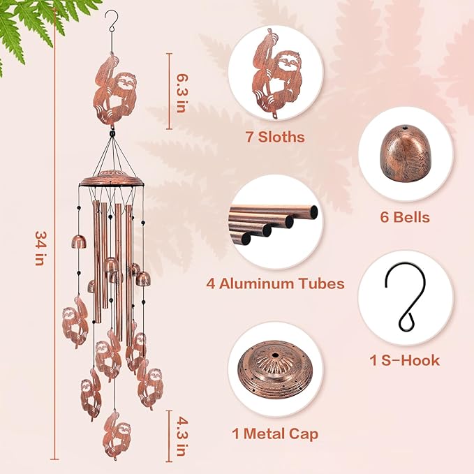 Sloth Wind Chimes Outdoor Sloth Gifts for Women/Men/Mom/Wife/Grandma Birthday Gifts Memorial Gift Metal WindChimes for Outside/Indoors, Lawn, Patio, Home, Porch, Yard Decor, Garden Decorations