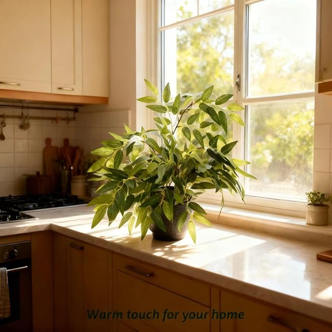 17.7" Tall Fake Plant Green Willow Leaves Artificial Indoor Faux Plant in Textured Black Ceramic Pot Realistic Decorative Plant for Home Office Bathroom Kitchen Bookshelf Small Space