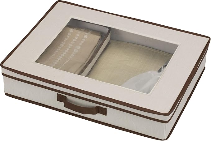 Household Essentials Natural 545 Vision Box with Lid and Handles | Tabletop Linen Storage Set Canvas with Brown Trim