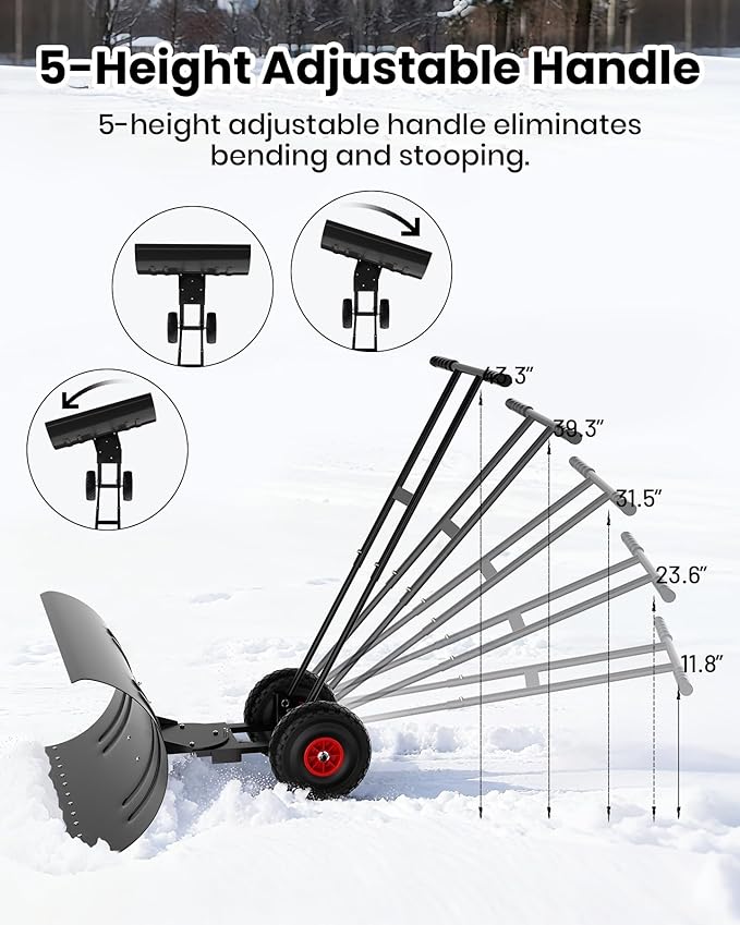 Snow Pusher with Wheels for Driveway, 29.5" Wide Heavy Duty Steel Blade, 7-Position Angle Adjustment & 60° Tilt Handle, Ergonomic Push Snow Shovel with Ground Protection for Effortless Snow Removal