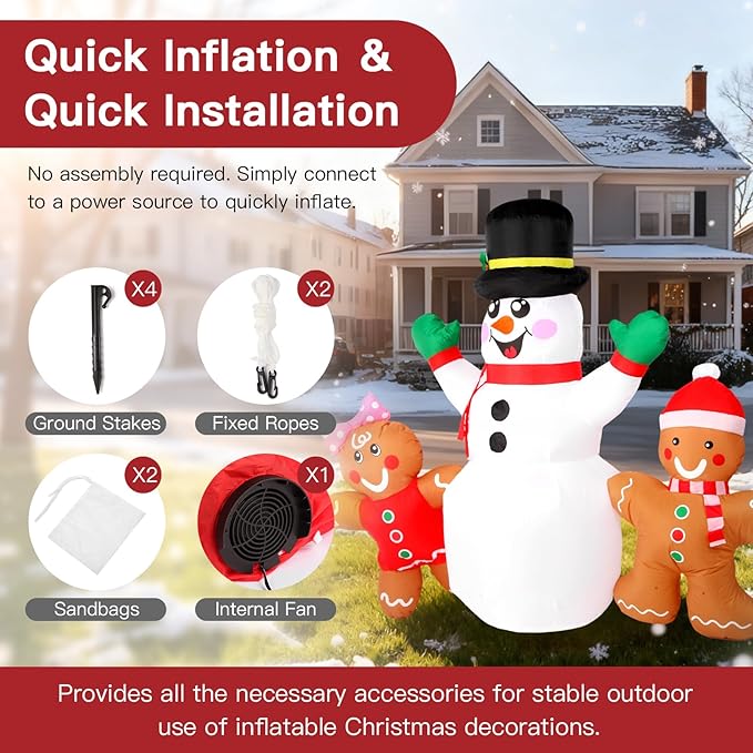 6FT Christmas Inflatables Decorations Outdoor，Blow Up Christmas Snowmen and Gingerbread Men with Built-in LEDs Lights for Indoor Holiday Party Yard Garden Lawn Décor
