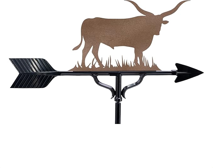 Montague Metal Products Bull Weathervane - 15 Ornament Colors Available - Roof Mount Included (4 to Choose from) - Longhorn Bull Weathervane