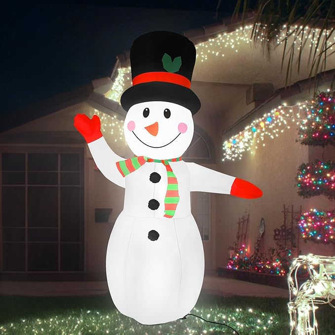 8FT Christmas Inflatable Snowman with Waving Arm & LED Lights, Blow Up Outdoor Winter Decor for Yard, Garden, Lawn, Holiday Party, Xmas Indoor Decoration