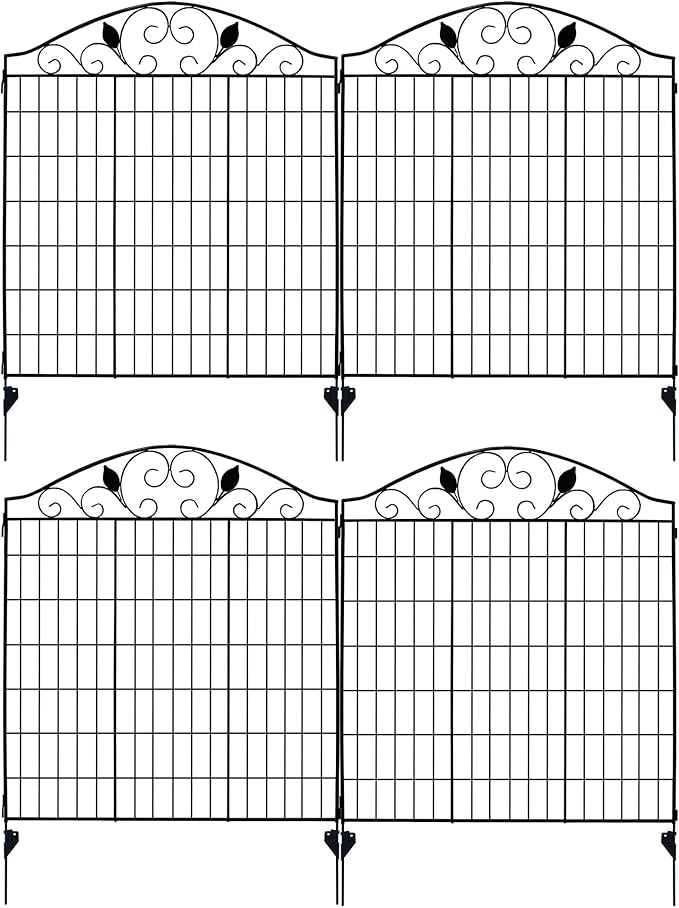 Black Coated Steel Decorative Garden Fence Panel 2 Leaves, 44" H 36‘’ W (Linear Length 12 feet) Metal Border Folding Fence Wire Border Fencing Folding Patio Flower Barrier Section Panel, Pack of 4