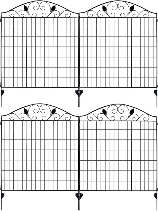 Black Coated Steel Decorative Garden Fence Panel 2 Leaves, 44" H 36‘’ W (Linear Length 12 feet) Metal Border Folding Fence Wire Border Fencing Folding Patio Flower Barrier Section Panel, Pack of 4