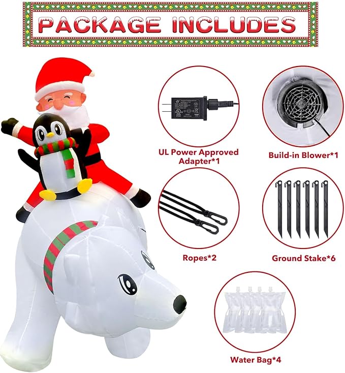 6FT Christmas Inflatable Santa Riding Polar Bear with Penguin Decorations, LED Light Up & Built-in Speaker, Blow Up Outdoor Indoor Xmas Yard Decor for Lawn Garden Party Holiday Season