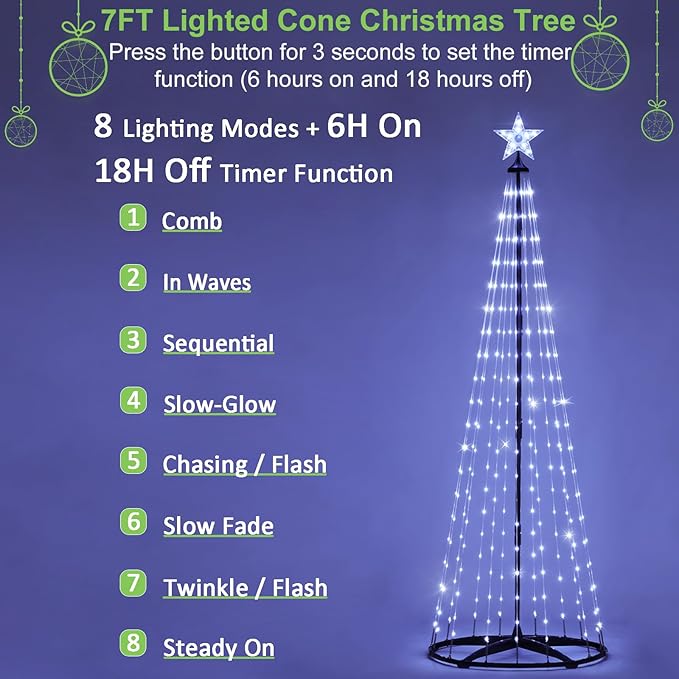 7 ft Lighted Outdoor Christmas Tree, 310 LEDs Pre-lit Christmas Cone Tree with Star Topper for Indoor and Outdoor Holiday Decorations (Cool White)