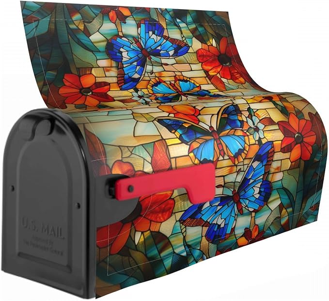 Giwawa Stained Glass Butterfly Mailbox Cover Fall Mailbox Covers Magnetic Large Autumn Mail Box Covers Oversized 25.5 x 21 Thanksgiving Decorations Outdoor Welcome Mailbox Wrap