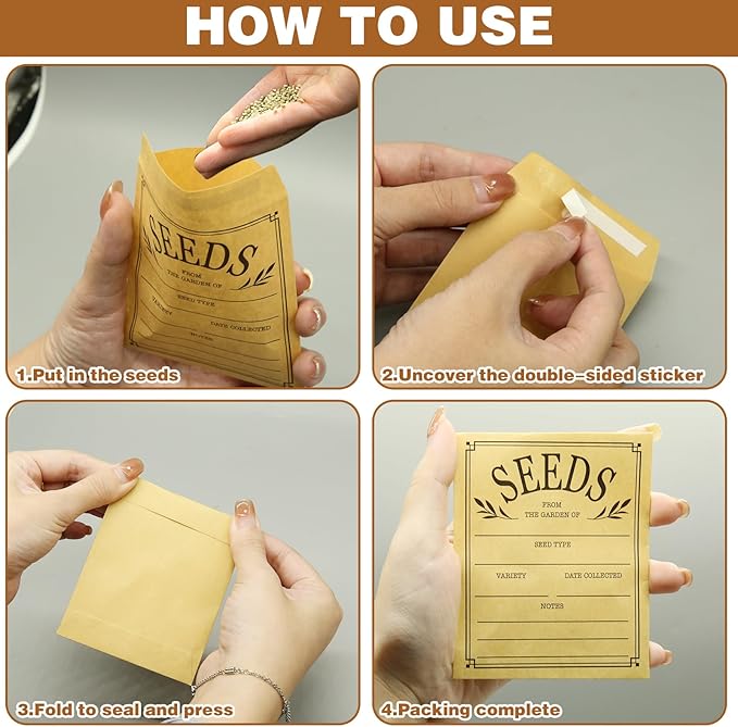 200Pcs Seed Envelopes, Seed Envelope Resealable Small Packets Brown Paper Seeds Envelopes with Printing, 3.1x4.7 Inch for Collection Flowers Seeds