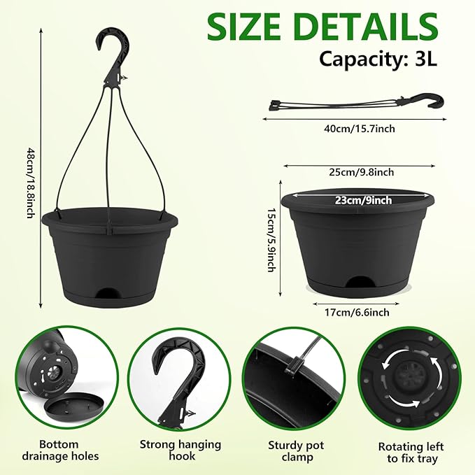 10 Inch Hanging Plant Pots with Removable Chain & Drainage Trays, 4 Pack Hanging Planters for Indoor & Outdoor Plants, Lightweight Plastic Flower Pots for Home Garden Decor (Black)