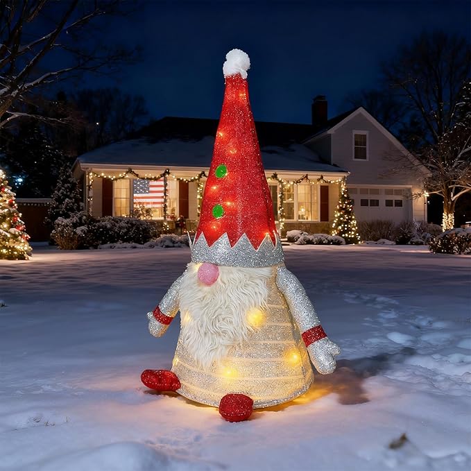 Light Up Christmas Gnome Decoration 37" - Outdoor LED Illuminated Holiday Decor with Warm White Lights, Weatherproof for Porch/Garden - Always-On Festive Yard Figure-White