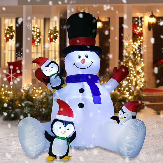 DearHouse 7Ft Lighted Christmas Inflatable Snowman with Three Cute Penguins, Building 3 LED Lights Outdoor Indoor Holiday Decorations Blow up Yard Inflatables Home Decor