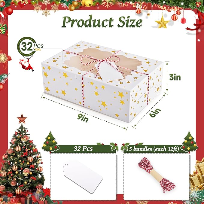 32Pcs 9x6x3 in Christmas Cookie Boxes with Window, White Bakery Boxes for Cookie, Treat Boxes Pastry Boxes for Gift Giving, Chocolate Covered Strawberries, Dessert, Donut, Cupcakes Muffins