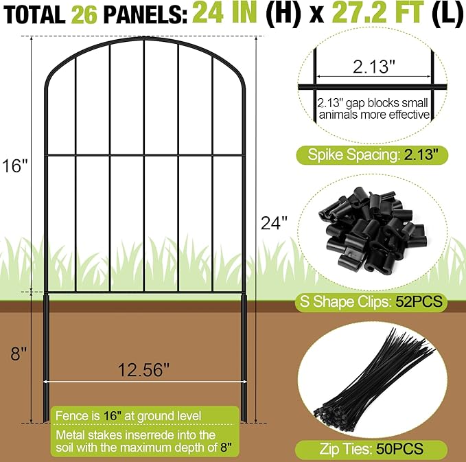 Decorative Garden Fence 24in (H) x 27.2ft (L), 26 Panels No Dig Garden Fencing Animal Barrier for Dogs Rabbits Arched Flower Bed Edging, Metal Wire Border Panel for Outdoor Patio Yard Decor