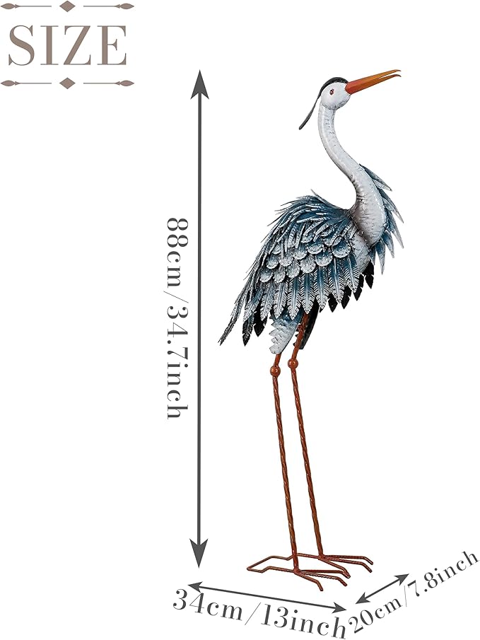 TERESA'S COLLECTIONS Garden Decor Blue Heron Sculptures & Statues Decor, 33.8 Inch Coastal Metal Cranes Decoy for Outdoor Outside Yard Art Patio Pond Pool Lawn Decorations,Housewarming Gift