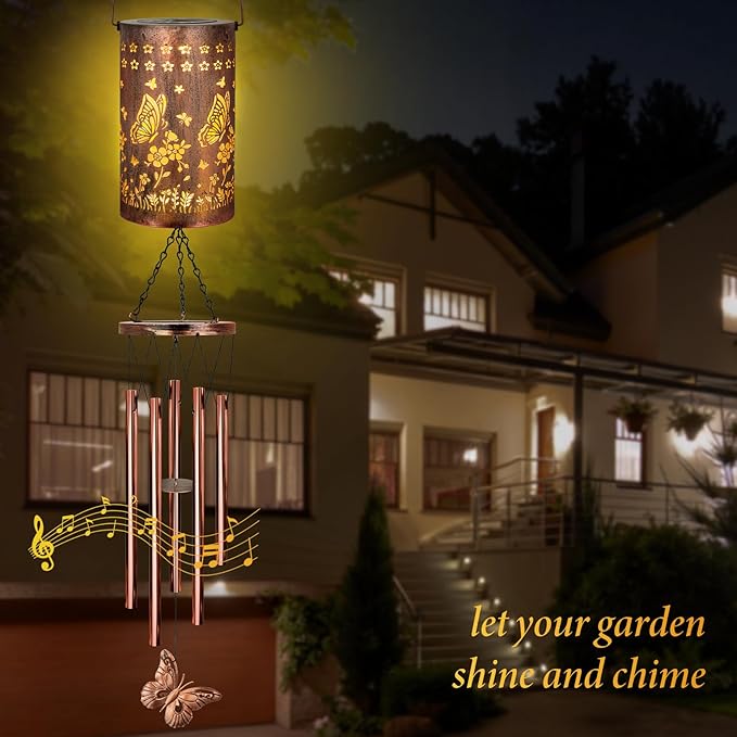 Wind Chimes for Outside Solar Lanterns Wind Chimes Outdoor Gifts for Women Grandma Christmas Decor (Butterfly Flower)