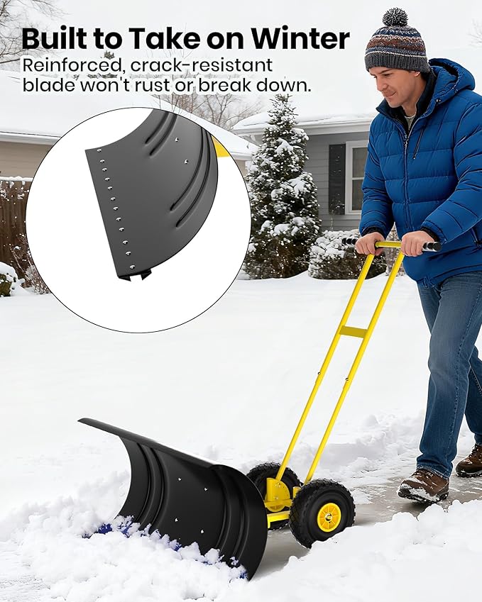 Snow Pusher with Wheels for Driveway, 36" Wide Heavy Duty Steel Blade, 7-Position Angle Adjustment & 60° Tilt Handle, Ergonomic Push Snow Shovel with Ground Protection for Effortless Snow Removal