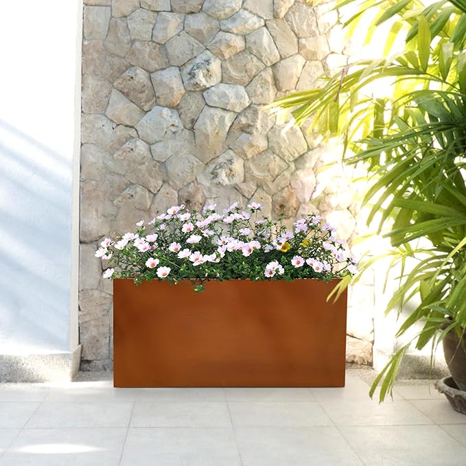 Corten Steel Planter Box Metal Outdoor Large Rectangular Rustic Durable Antique Detached for Commercial Residential Patio Deck and Backyard 36" x 12" x 16"