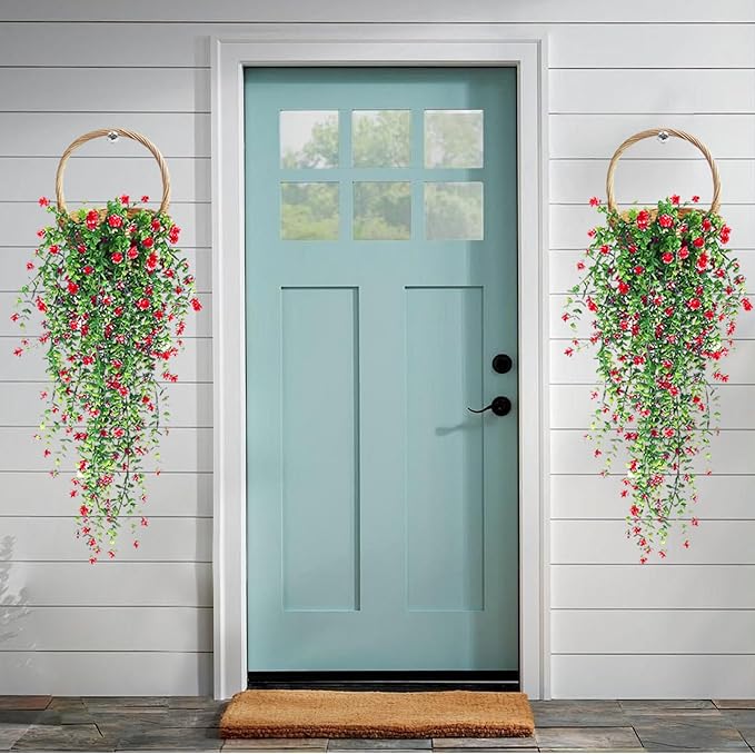 Artificial Hanging Flowers, 3 Pcs Fake Hanging Plants Artificial Vines for Outdoors, Fake Ivy Vine UV Resistant No Fade Faux Plants for Indoor Outside Garden Patio Yard Greenery Decoration (Dark Red)