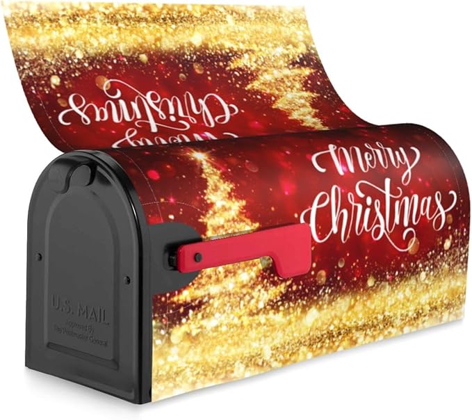Mailbox Covers Merry Christmas Red Gold Magnetic Letter Post Box Cover Standard Size 25.5 x 21 Inch Garden Yard Home Decorative