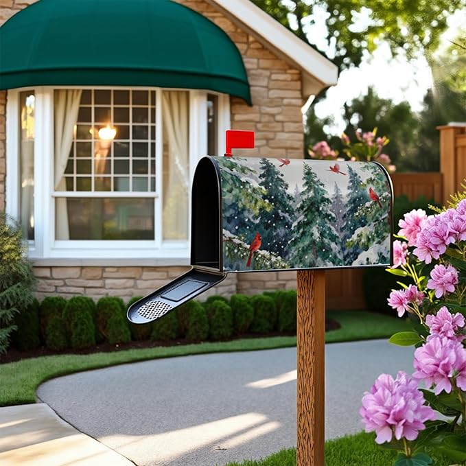 Winter Christmas Tree Mailbox Covers Magnetic Standard Size Green Red Cardinal Bird Snow Scene Theme Outdoor Decorative Holiday Seasonal Letter Box Cases for Home Garden Outside Decor, 21x18 Inch