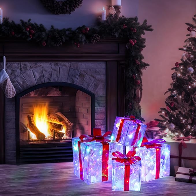 Christmas Lighted Gift Boxes, Pre-lit Lights Gift Boxes Set of 4, Light up Present Boxes Set Battery Operated with Different Sizes for Holiday Indoor Outdoor Decorations (Multi-Colored)