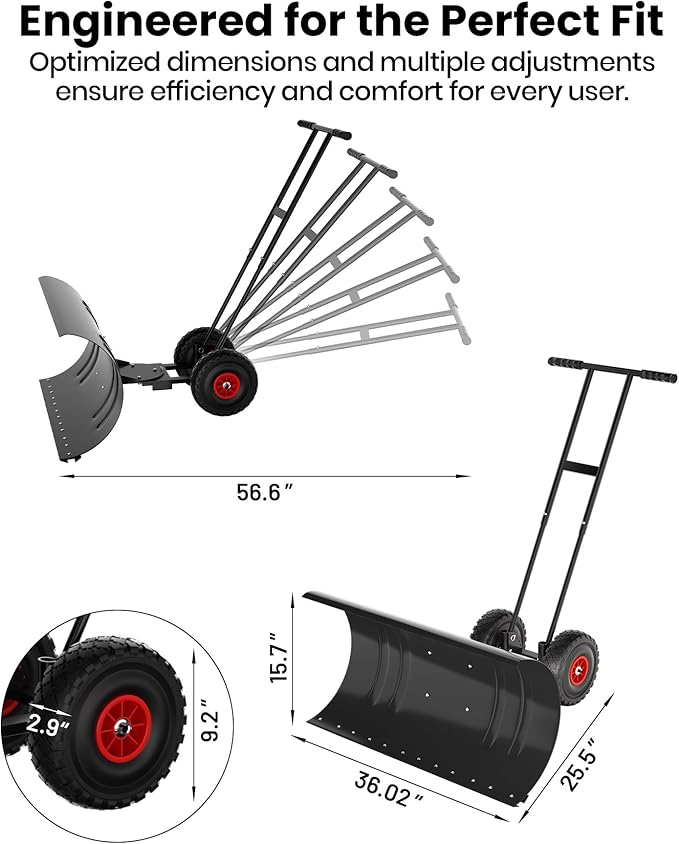 Snow Pusher with Wheels for Driveway, 36" Wide Heavy Duty Steel Blade, 7-Position Angle Adjustment & 60° Tilt Handle, Ergonomic Push Snow Shovel with Ground Protection for Effortless Snow Removal