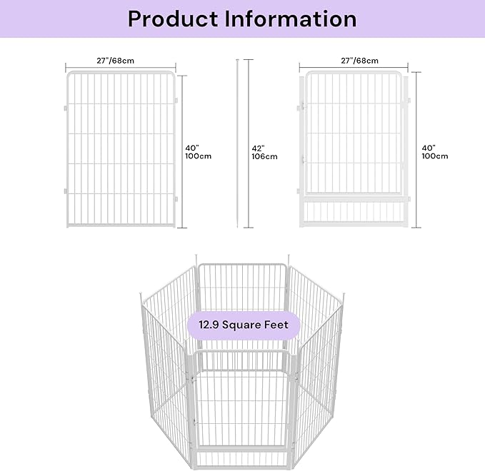 SunsGrove Tall Garden Fence with Gate, 40 in(H) x 13.4 ft(L) 6 Panels Heavy Duty Metal Animal Barrier Fence for Yard, Suitable for Indoor or Outdoor Dog Pet Fence, Garden Fence Border, White