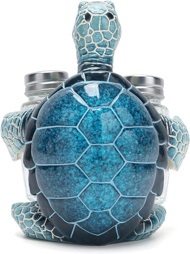 Decorative Blue Sea Turtle Salt and Pepper Shaker Holder, Coastal Kitchen Decor (Blueturtle)