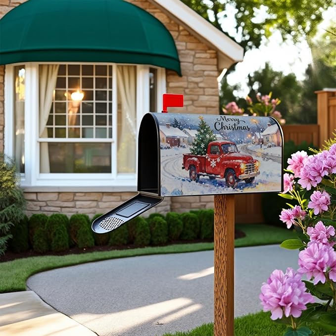 Merry Christmas Red Truck Large Mailbox Covers Magnetic Oversized Xmas Tree Snowflake Snow Scene Holiday Outdoor Decorative Farmhouse Letter Box Cases for Home Garden Outside Decor, 25.5x21 Inch
