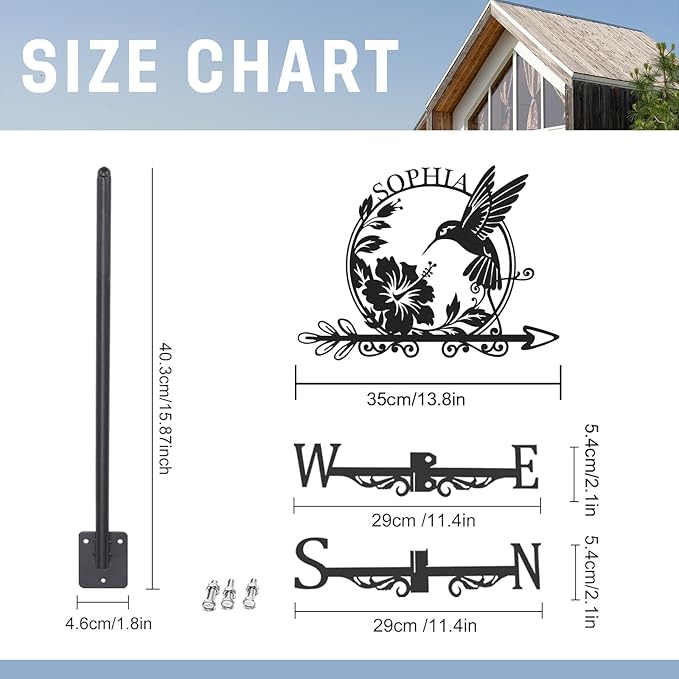 Personalized Hummingbird Metal Weather Vane, Custom Name Weathervane, Wind Direction Indicator, Weather Vanes Roof Mount, Wind Vane Garden Decor for Outside Farmhouse Yard, Customized Gifts
