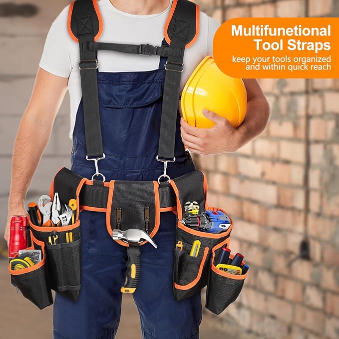 Tool Belt with Suspenders, Professional Tool Belt for Men, 18-Pocket Adjustable Heavy Duty Tool Organizer for Electrician, Carpenter, Framer, Construction Worker, Black & Orange (32''–66'')