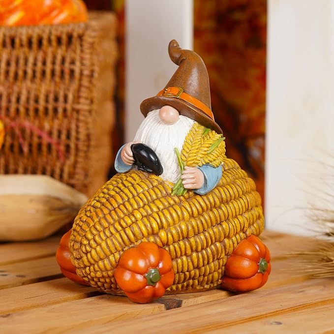 Autumn Gnome Statue Corn Car with Pumpkin Wheel Enchanting Fall Resin Figurine for Thanksgiving Party Home and Outdoor Decor
