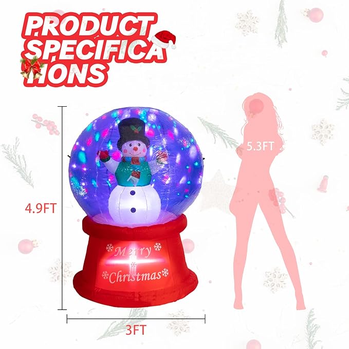 5 FT Tall Christmas Inflatables Outdoor - Snowman in Snow Globe with Rotating LED Lights, Christmas Blow Up Yard Decoration Holiday, Party, Xmas, Yard, Garden Decor
