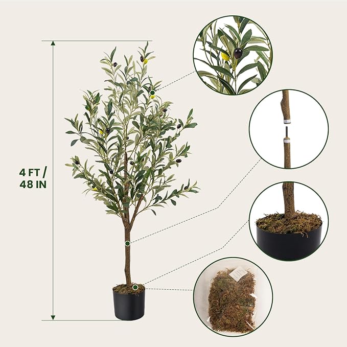Artificial Fake Olive Tree 4FT Tall 2Pack Faux Silk Olive Tree for Home Living Room Office Decor Faux Artificial Plants Indoor Fake Potted Plants with Fruit & Free Moss