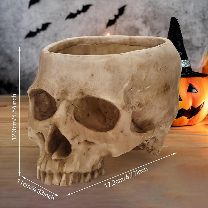 Skull Planter Pot for Plants - Realistic Human Skull Head Flower Pot, Halloween/Gothic Décor, Resin Planter for Succulents, Bonsai, Cactus, Home Bar, Desk, Spooky Gift Idea(Beige)