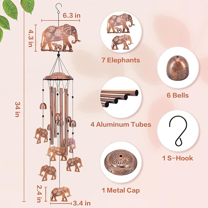 Elephant Wind Chimes for Outside,Elephant Gifts for Women Men/Memorial/House Warming Gift/Birthday Gifts Metal windchimes Outdoors/Indoors,Garden Decor,Patio,Home,Porch,Yard Decorations