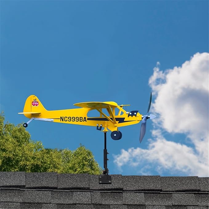 2023 New Piper J3 Cub Airplane Weathervane - Gifts for Flight Lovers, Airplane Weathervane Decoration, Handmade Weathervane Windmill, Easy to Install in The Garden, Patio, Roof Decoration (12.6×11in)