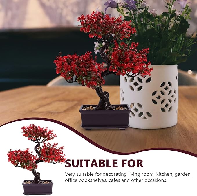 Cabilock Fake Bonsai Tree, Artificial Red Bonsai Tree, Plastic Japanese Potted Pine Decoration for Home Office Showcase Indoor Desktop Display