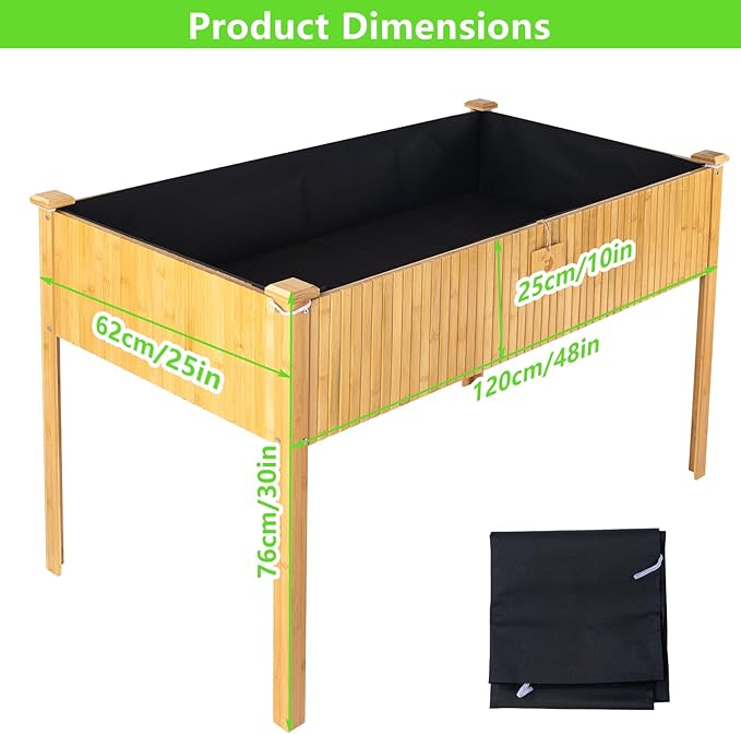 Bamboo Raised Garden Bed, Planter Boxes Outdoor, Garden Boxes Outdoor Raised. Standing Growing Bed for Growing Fresh Herbs, Vegetables, Succulents, Flowers (48x25x30 Inch)
