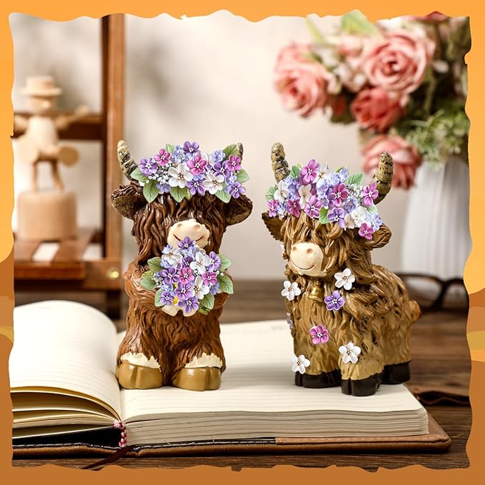 2 Pcs Highland Cow Figurines Lilacs Highland Cow Gnomes Lilacs Decor Resin Statue Calf Lovers Gifts for Farmhouse Home Garden Kitchen Office Tiered Tray Table Decor