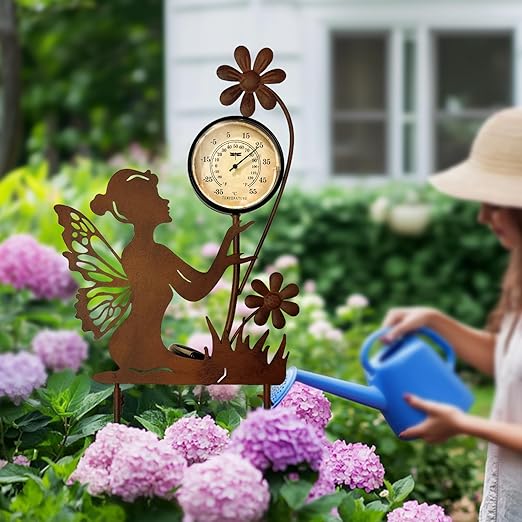 HONGLAND Solar Outdoor Temp Stakes Outdoor Thermometers for Outside Metal Fairy Waterproof Patio Lawn Temperature with Solar Warm LED Lights for Yard and Garden, Holiday Gifts for Woman