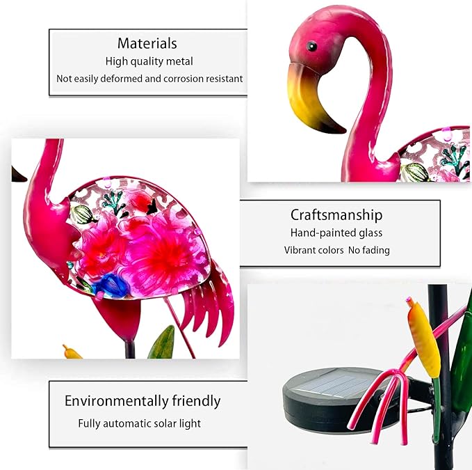 Solar Flamingo Garden Decor - Solar Pathway Lights & Stakes, Glass & Metal, Waterproof for Patio, Lawn, Courtyard