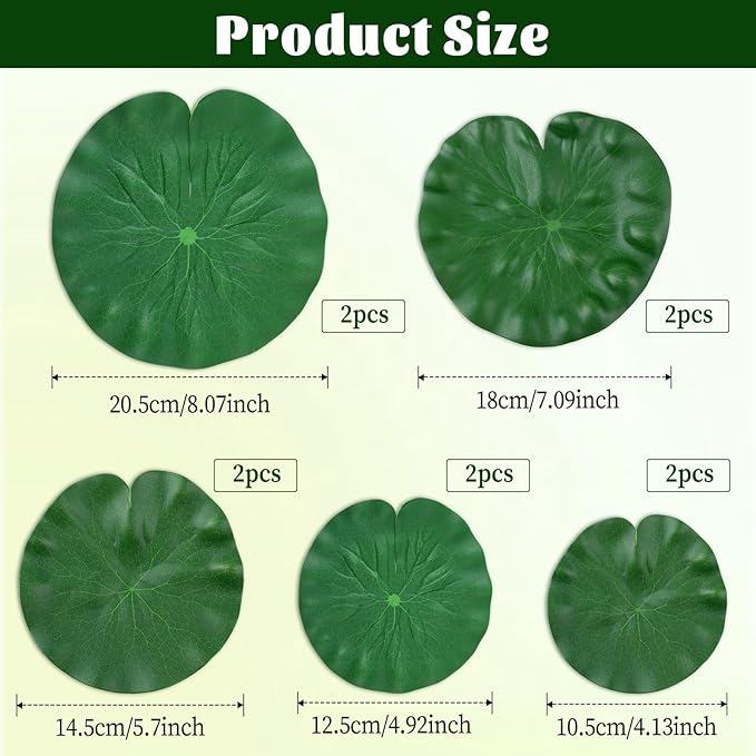 10Pcs Floating Lily Pads for Ponds - 5 Sizes Artificial Lotus Leaves, Realistic EVA Foam Decorative Pads for Pool, Fountain, Garden, Aquarium Decor
